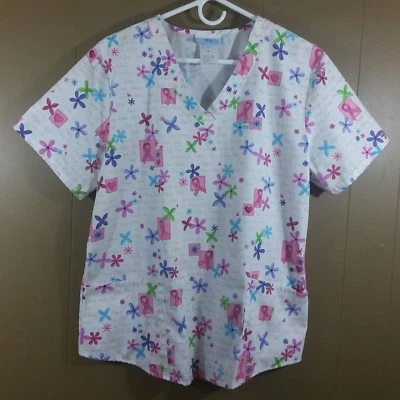 womens scrub top size medium white pink blue green red love hope care - Image 1 of 4