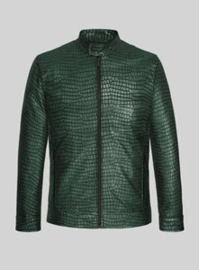 LUSTROUS CROC METALLIC GREEN CLASSIC BIKER STYLE LAMBSKIN LEATHER JACKET FOR MEN - Picture 1 of 10
