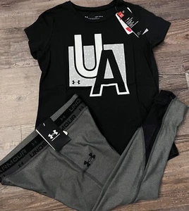 NWT Under Armour YMD Girls Gray/Black/White Big Logo Leggings Set - Picture 1 of 5