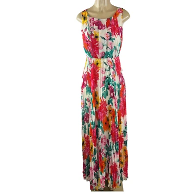 Maxi Vestido Eliza J Talla 2 Floral Colorido Acordeón Plisado Gasa Sin Mangas Sol Foto 1 de 4