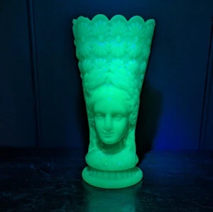 Antique Vintage 7" Vase Art Deco Lady in Full Headdress Jadeite Uranium Glass - Picture 1 of 15