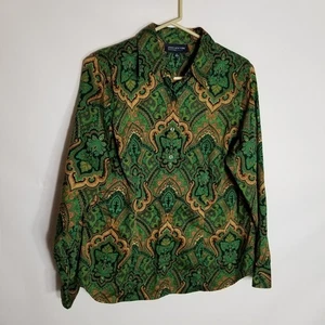 Jones NY Signature Woman Shirt Women's 1X Green Tan Paisley Long Sleeve Blouse - Picture 1 of 8