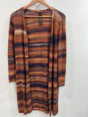 Chicos Duster Cardigan M Open Front Long Knit Multicolored Striped Boho Artsy - Image 1 of 4