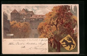 Lithographie Stuttgart, Schlossplatz und Wappen 1902 - Picture 1 of 2
