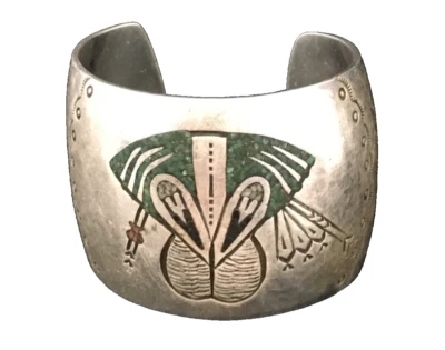 Navajo 1970's sterling inlay turquoise stamped cuff bracelet - Image 1 of 4