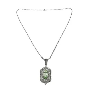 Enchanting Antique Art Deco 14k White Gold Green Amethyst Filigree Necklace - Picture 1 of 7