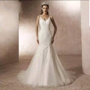 UK White/ivory sleeveless Mermaid Pearls Lace Wedding Dress Bridal Size 6-18 - Picture 1 of 4