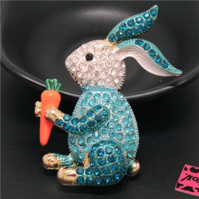 New Blue Cute Carrot Rabbit Animal Crystal Fashion Women Charm Brooch Pin Gifts - Image 1 of 4