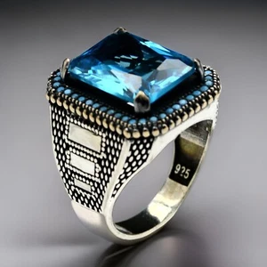 Men's Aquamarine Ring Solid 925 Sterling Silver Handmade Jewelry Size 7-15 - Picture 1 of 7