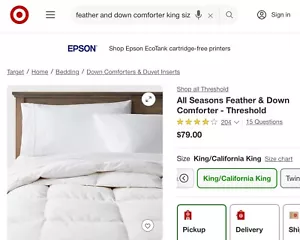 King/California King Feather & Down Comforter Color White - Picture 1 of 2