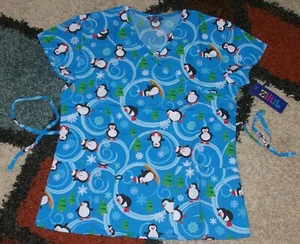Christmas Mock Wrap Scrub Top Bottom pockets Penguin & Xmas Tree Print S to L - Picture 1 of 7