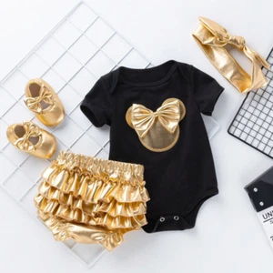 Newborn Baby Girls Clothes Romper Tops Short Pants Headband Shoes Outfits Set - Picture 1 of 12