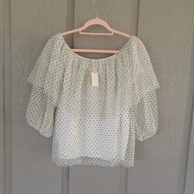 Maje Loose Mesh Dot Top Size 2 US M Women Feminine Ruffle Off Shoulder Preppy - Image 1 of 4