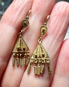 Vintage Handmade Filigree 22K Yellow Gold Dangle Earring Greek Hinged Leverback - Picture 1 of 5