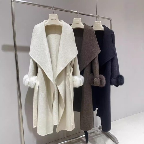 OFF WHITE Trench donna lana grande risvolto sciolto lungo vera pelliccia di volpe polsini cappotto cashmere