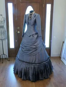 Medieval Blue Wedding Dress Corset Small Jacket Taffeta Pleated Two Piece - Picture 1 of 10