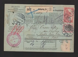 Tarjeta de paquete DR Mi.90I, 94AI de Leipzig a Polonia rusa 1909 - Imagen 1 de 2