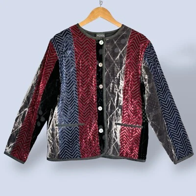 Vintage KOOS of Course! Patchwork Velvet Textured Jacket Silk Red Black Size Med - Image 1 of 4
