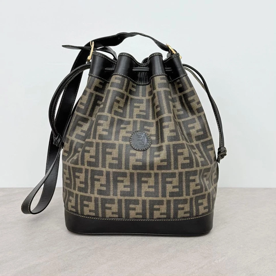 FENDI Zucca Pattern Drawstring Shoulder Bag Black PVC Authentic - Image 1 of 4