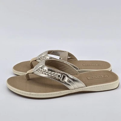 New SPERRY Ruby Women Size 7.5 Metallic Gold Leather T-Post Flip Flops MSRP $50 - Image 1 of 4