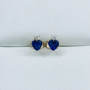 10k Yellow Gold Heart Cut Lab Created Blue Sapphire & CZ Solitaire Stud Earrings - Picture 1 of 6