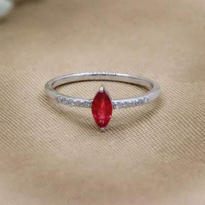 Natural Marquise Cut Solitaire Ruby & Diamond Engagement Ring Handmade Jewelry - Image 1 of 4