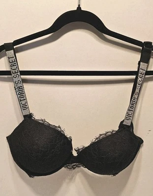 VICTORIA'S SECRET VERY SEXY SHINE STRAP PUSH-UP BRA RHINESTONE BLING 34 DD BLACK - Image 1 of 4