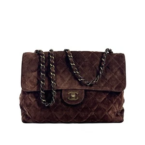Chanel Vintage 90s Quilted Brown Suede Jumbo Flap Crossbody Bag - Picture 1 of 11