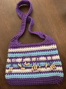 Crocheted Purse Purple Blue White Striped Beaded Bag - Picture 1 of 4