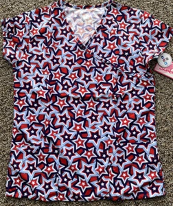 NWT Women's XS Patriotic Star Print I Love Scrubs Scrub Top - Picture 1 of 1