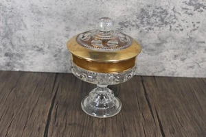 Beautiful Vintage Indiana Glass Kings Crown Gold Rim Thumbprint Compote with Lid - Picture 1 of 3