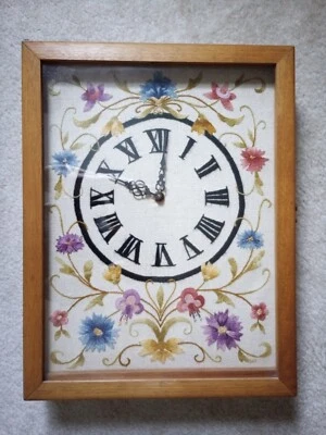 Embroidered Clock w/Wooden Case Flowers Hand Stitched 18x 14x 3 Cottage Core EUC - Image 1 of 4