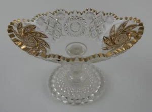 Candy Dish Bowl Clear Glass Gold Tone Trim Sunburst Pinwheel Sawtooth EAPG - Picture 1 of 7