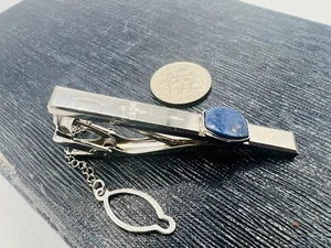 Vintage Lapis Lazuli & Shiny Chrome Tie Clasp Clip Unused Old Store Stock 1990s - Picture 1 of 10