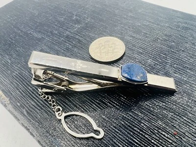 Vintage Lapis Lazuli & Shiny Chrome Tie Clasp Clip Unused Old Store Stock 1990s - Image 1 of 4