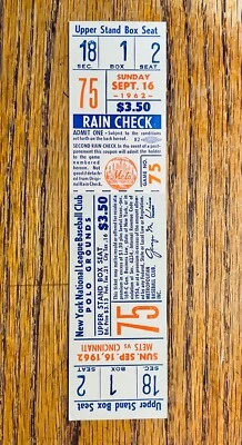 RARE FULL Ticket Polo Grounds NY Mets vs the Cincinnati Reds September 16, 1962 - Image 1 of 2