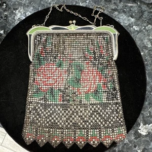 Antike WEISS und DAVIS Emaille Rosen NETZ Tasche/Geldbörse Vintage signiert Art Deco - Bild 1 von 14