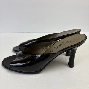 Vintage YSL Yves Saint Laurent Patent Black Heeled Mules Open Toe Heels Womens 8 - Picture 1 of 14