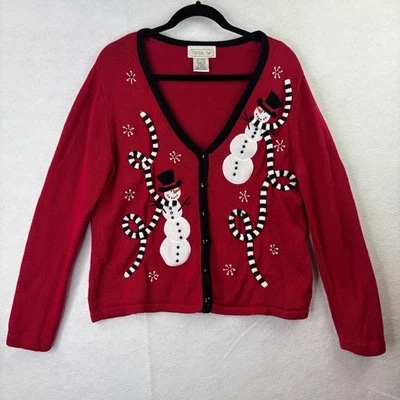 Suéter navideño vintage Mandal Bay rojo abotonado bordado mediano para mujer Foto 1 de 4