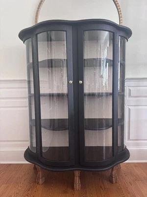 Curved Glass Bow Front Curio Cabinet Solid Wood / Black / 3 Shelves & New Locks - Image 1 of 4