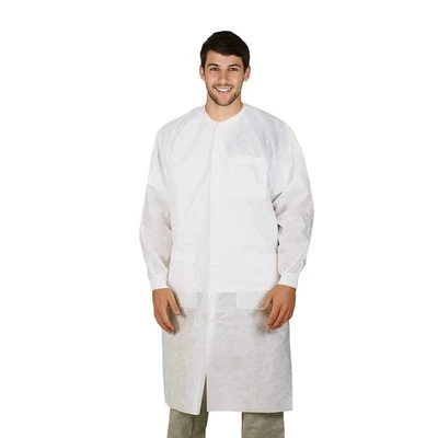 50 Disposable Lab Coats White SPP 45 gsm Work Gowns XXL Protective Clothing - Image 1 of 4