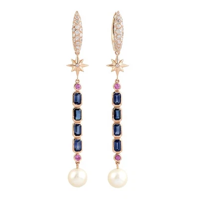 Pendientes colgantes para mujer de oro rosa de 18 quilates con perlas de diamantes naturales y zafiro azul Foto 1 de 4