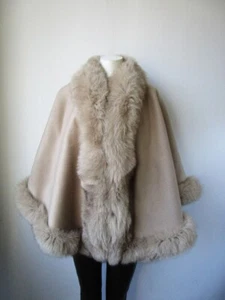 Women's New Oatmeal Beige Cashmere Wool Wrap Cape Fox Fur   - Picture 1 of 7