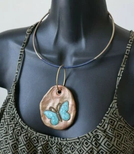 artisan handcrafted unique statement necklace Primitive Clay pendant jewelry - Picture 1 of 64