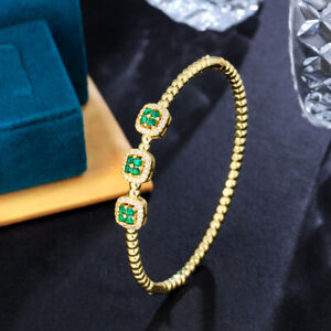 Trendy Square Green Blue CZ Yellow Gold Plated Women Safety Clasp Round Bangle