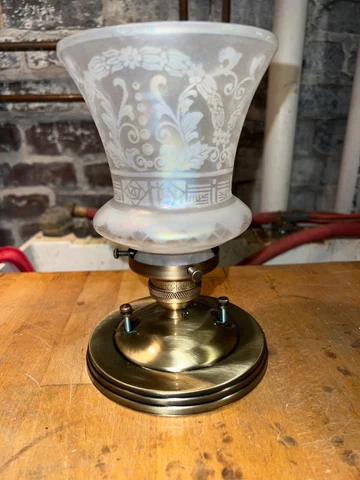 1914 Antique Brass Flush Mount light Art Nouveau Iridezed Glass acid etched Cover