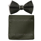 New Men's Pre-Tied Bowtie And Charcoal Hankie Set Two Tone Formal Party Gray