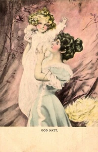 God Natt! Postal sueca victoriana Good Night Young Mother & Little Girl siglo 1900 - Imagen 1 de 2