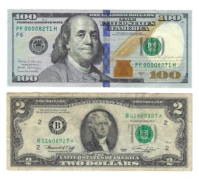 2007 $100 Low Serial Number (4 Zeros/4 Digits) + 1976 2 Dollar Star Bank Note - Image 1 of 2