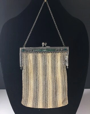 Antique Art Deco Evening Handbag Purse Green Enamel Stones Silk Crochet Free Shi - Image 1 of 4